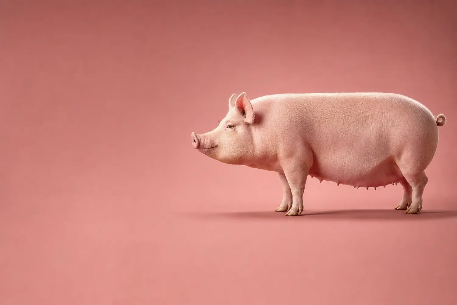 An immaculate pale pink sow standing in full profile on a seamless rose studio backdrop