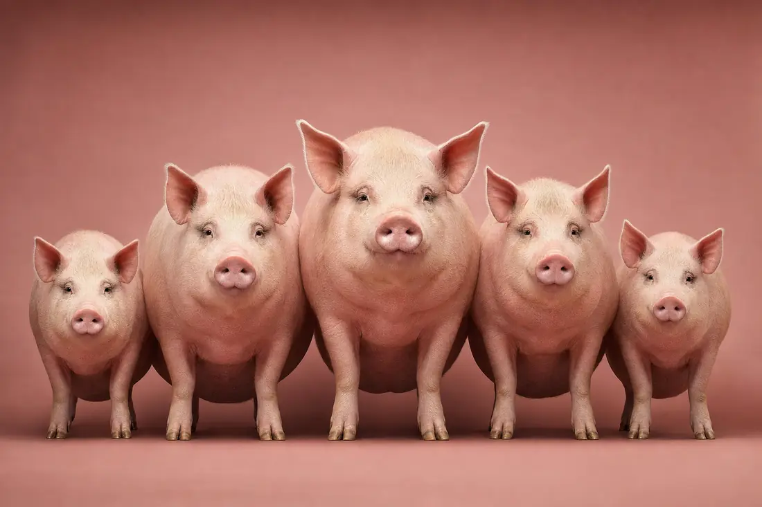 Five sows standing shoulder to shoulder in a level row facing the camera