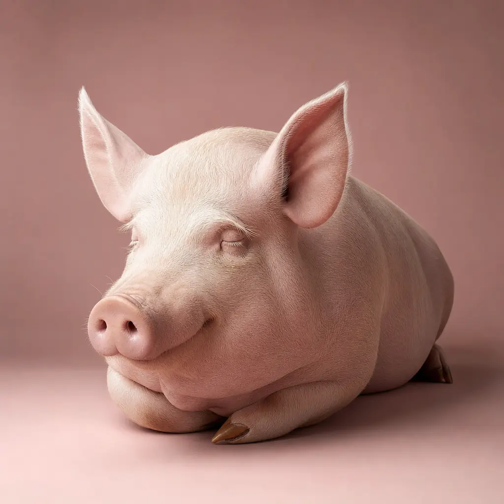 The sow lying with her legs folded neatly beneath her, eyes closed