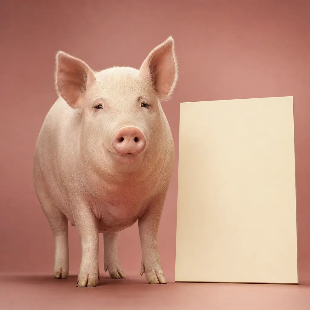 The sow standing beside a large blank cream plaque on the studio backdrop