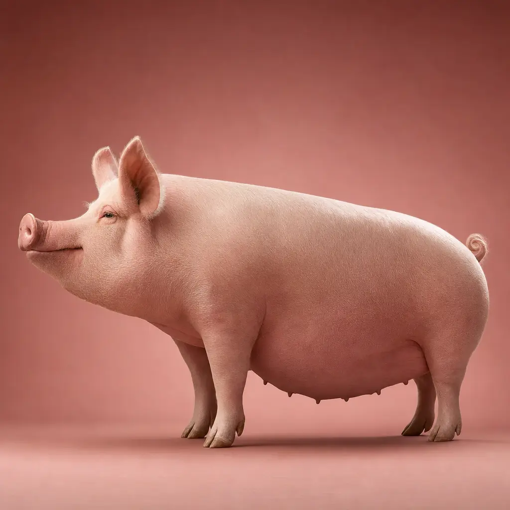 The sow photographed in profile from a low angle, filling the frame