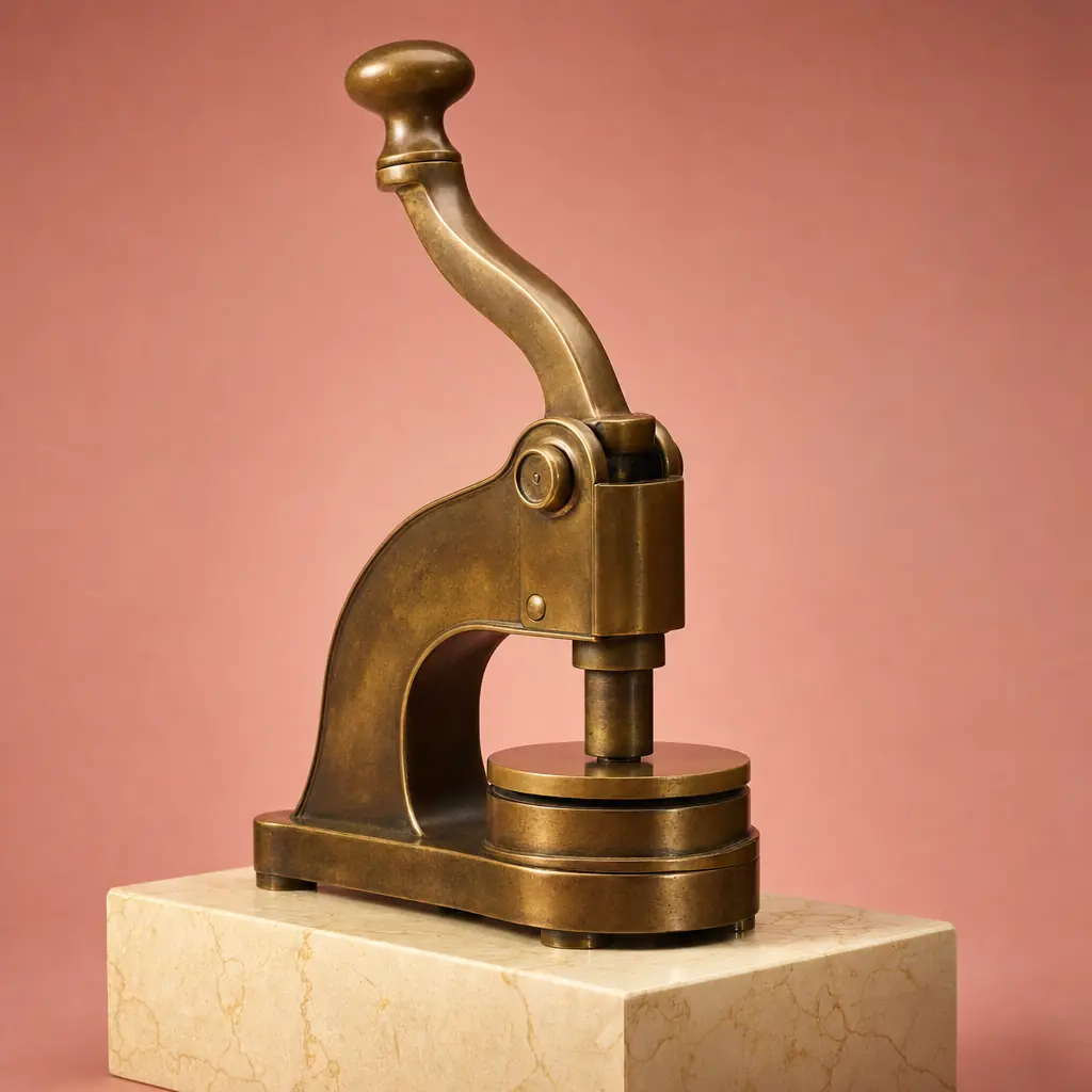 A heavy antique brass embossing press on a marble plinth, its die face blank
